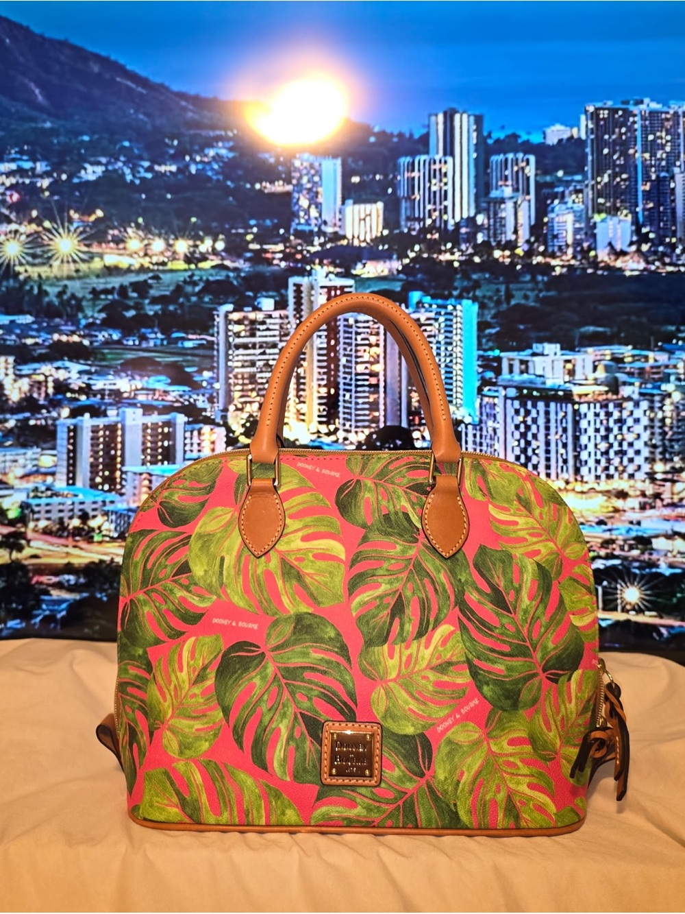 Dooney & Bourke Pink Tropical Leaf Satchel with Tan Leather Trim